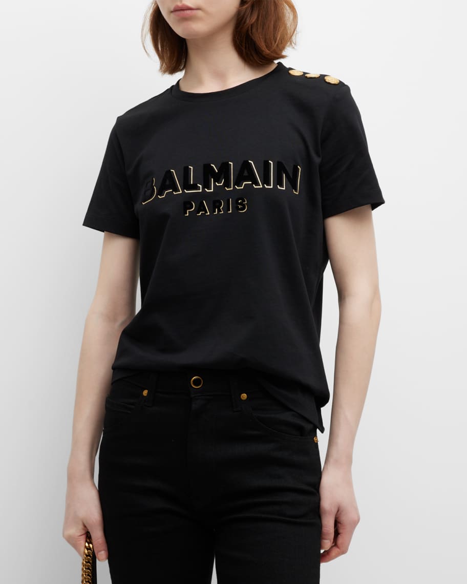 Balmain Metallic Flock Logo T-Shirt with Button Detail | Neiman Marcus