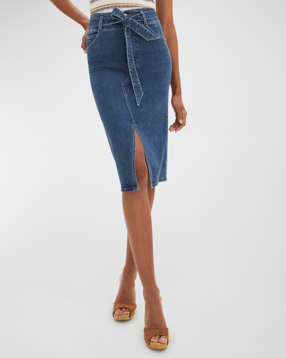 Veronica Beard Jeans Nazia Belted Denim Pencil Skirt | Neiman Marcus