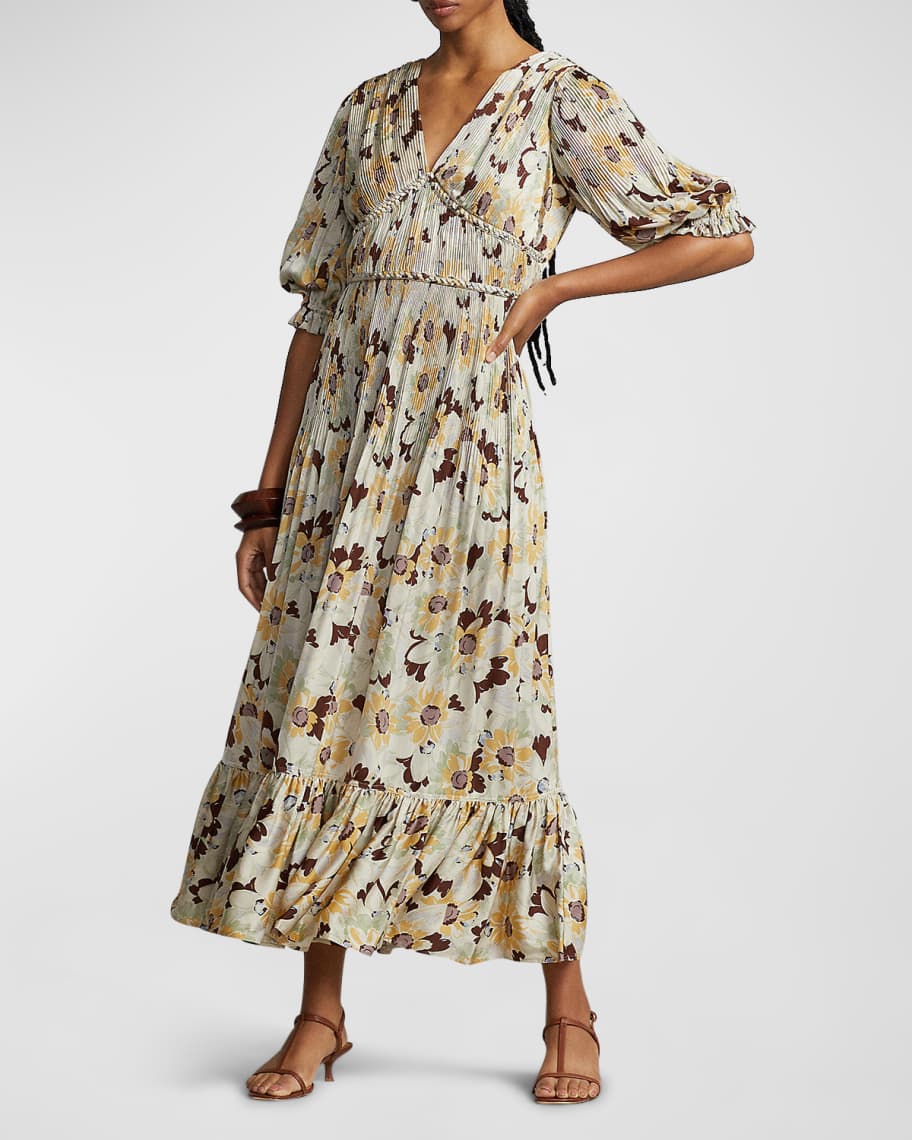 Polo Ralph Lauren Floral-Print Pleated Satin Dress | Neiman Marcus