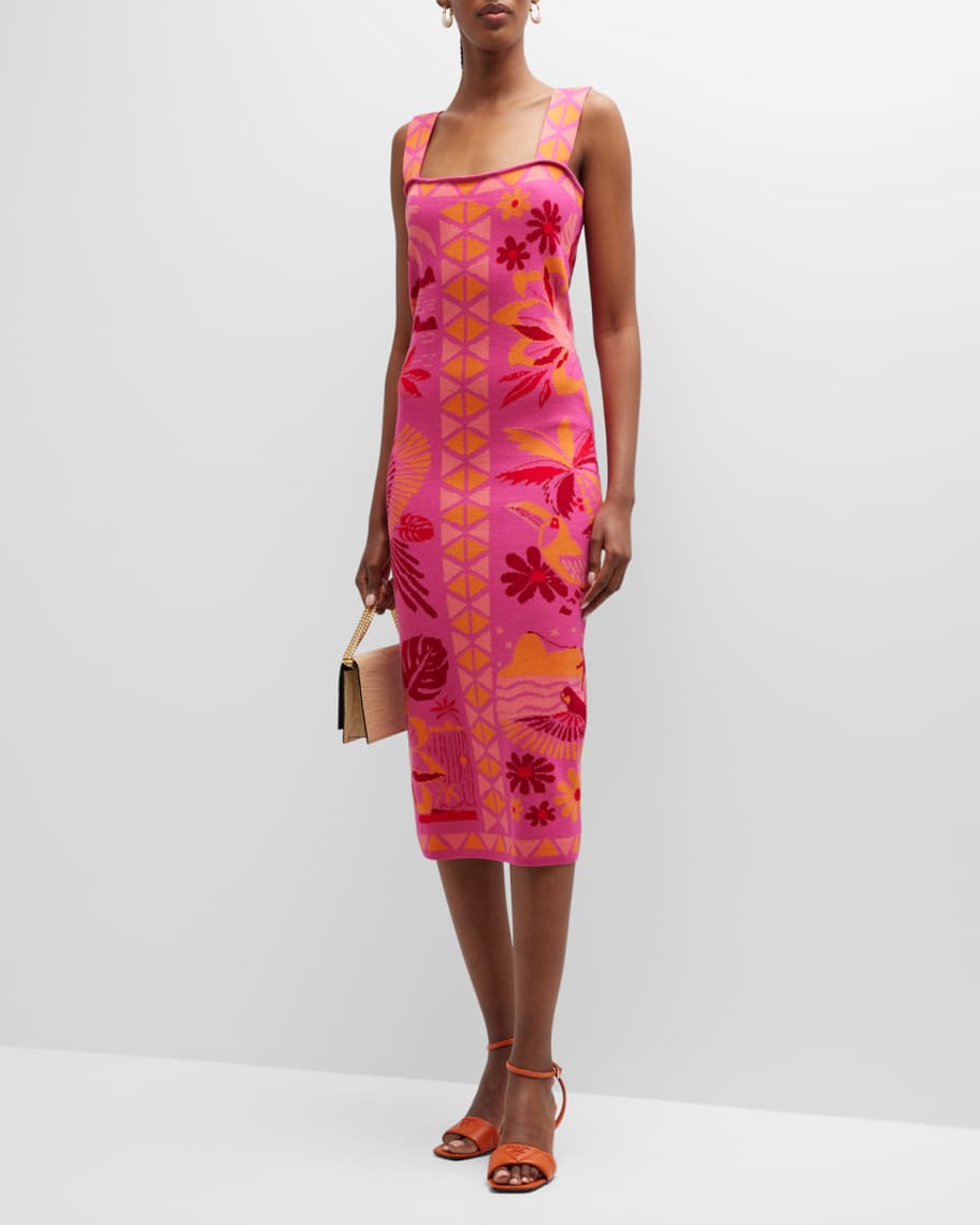 Farm Rio Rio Tiles Sleeveless Midi Knit Dress | Neiman Marcus