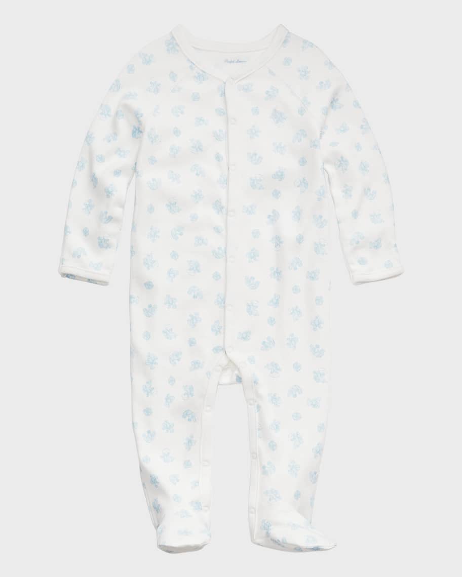 Image 2 of 5: Boy's Teddy Bear-Print Organic Cotton Footie, Size Newborn-9M