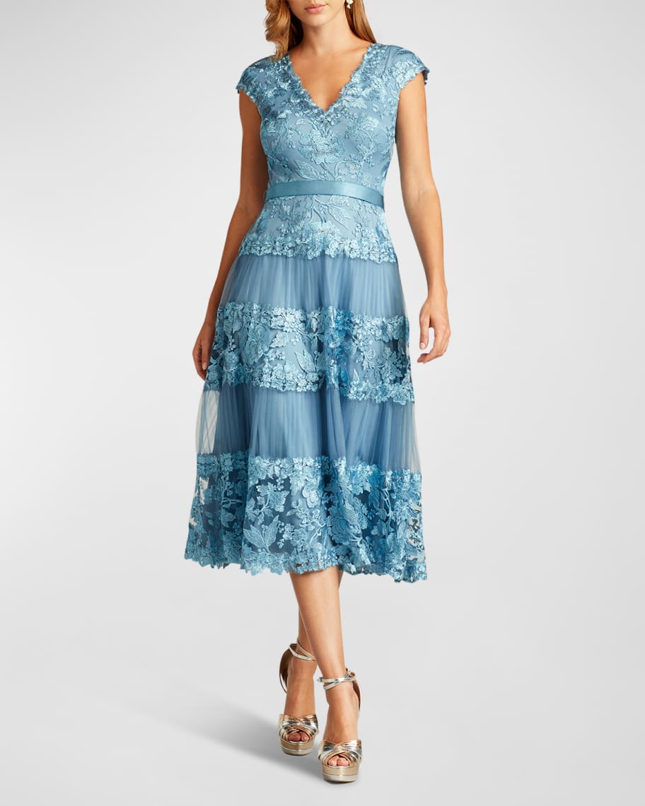Tadashi Shoji Embroidered Cap-Sleeve Midi Dress