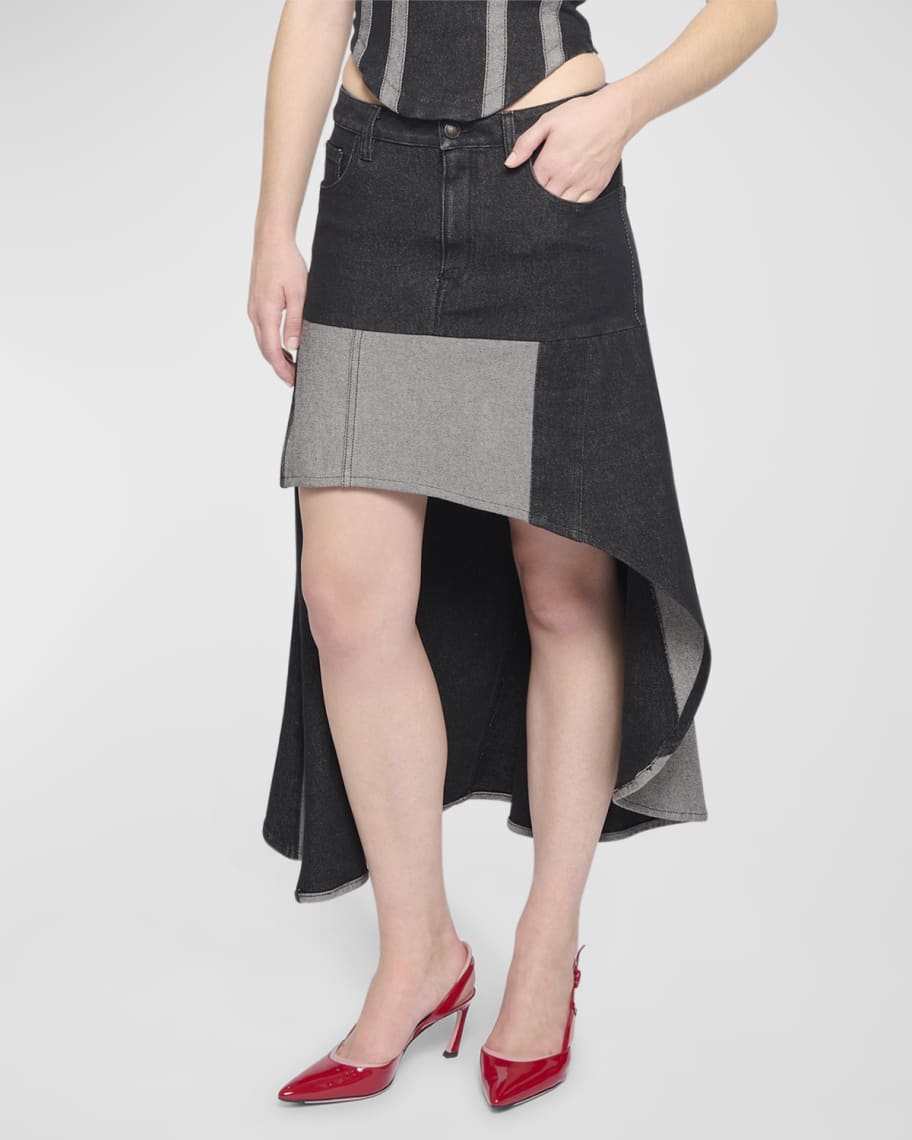 Koche Asymmetric Mixed Denim Midi Skirt | Neiman Marcus