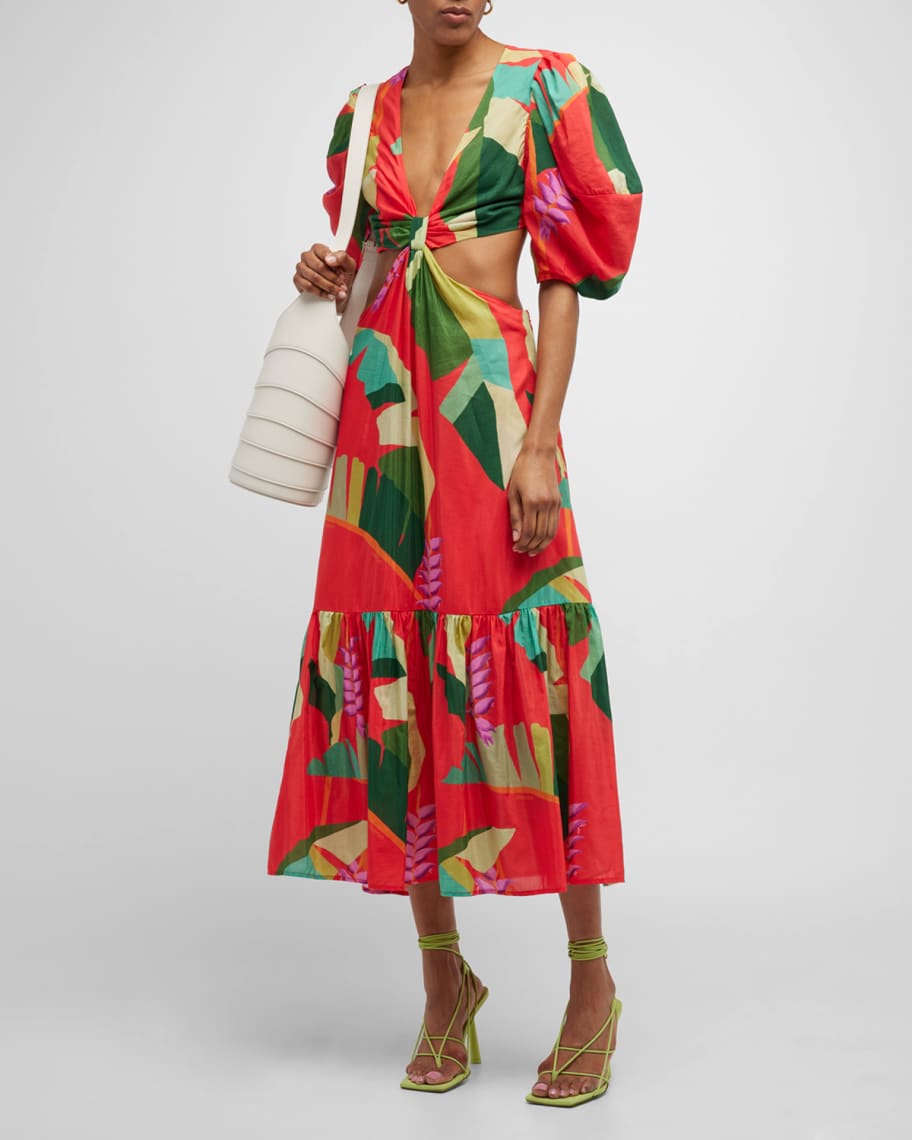 Farm Rio Heliconia Red Cutout Puff-Sleeve Midi Dress | Neiman Marcus