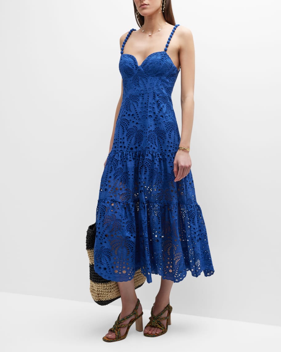 Farm Rio Palm Tree Richelieu Lace Sweetheart Midi Dress | Neiman Marcus
