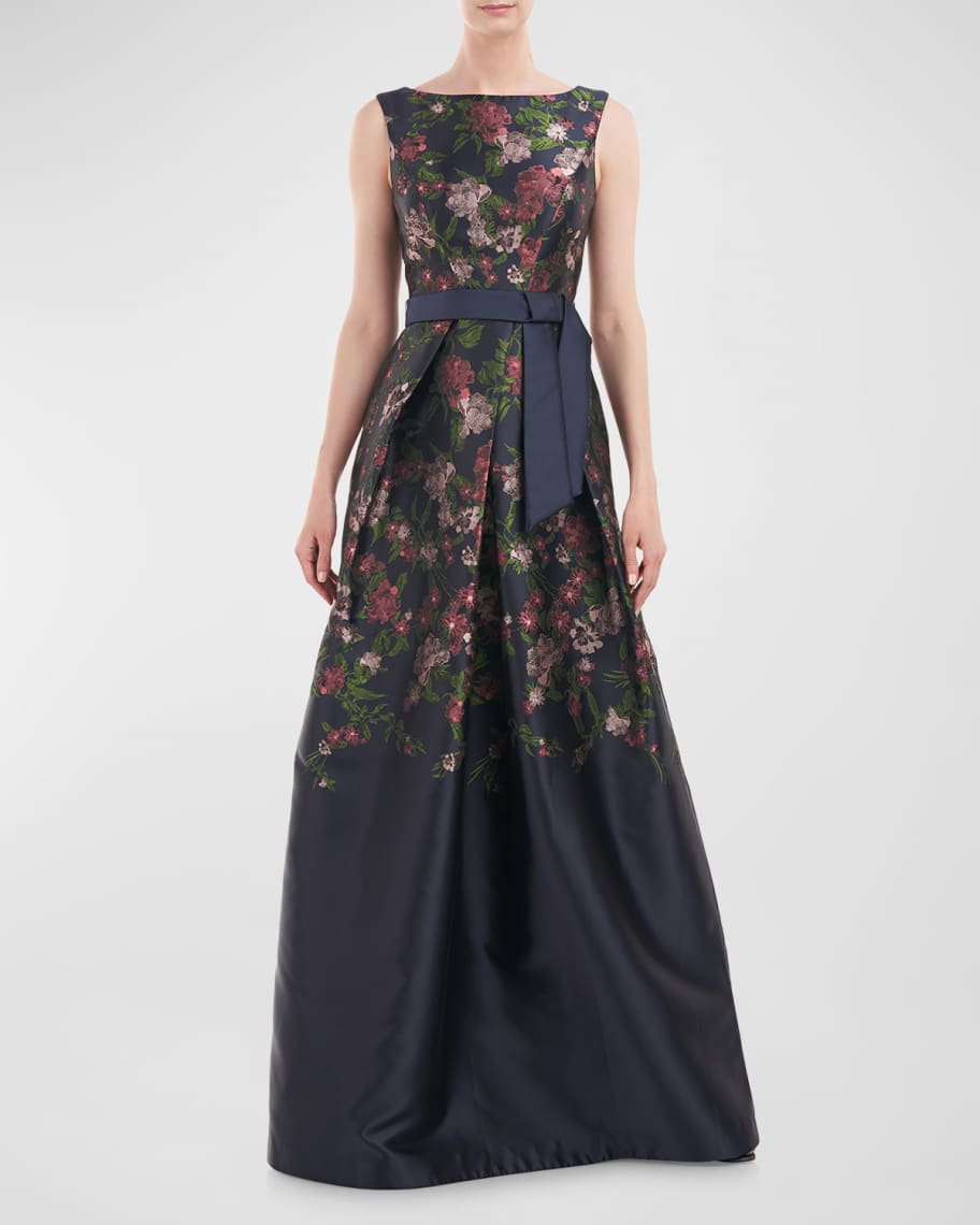 Kay Unger New York Lola Pleated Floral-Print Twill Gown | Neiman Marcus
