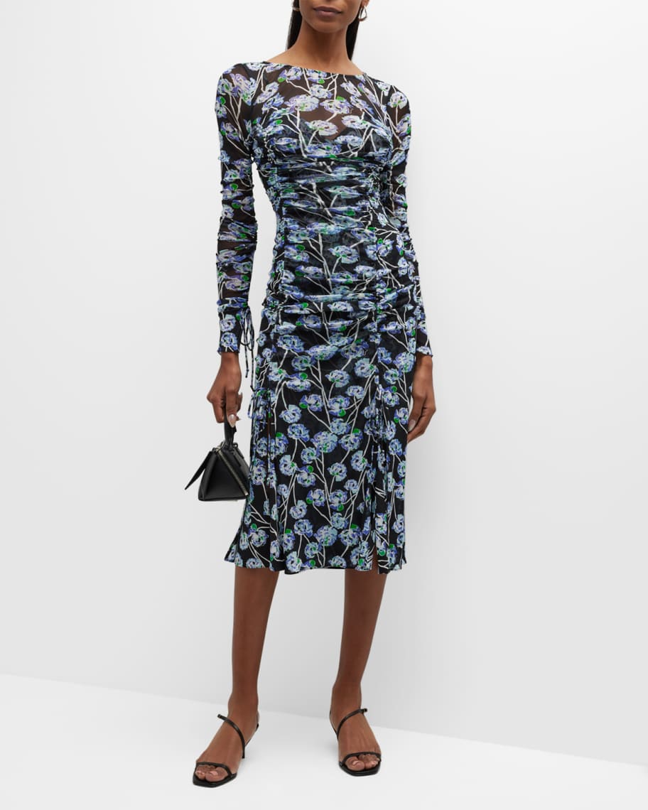 Diane von Furstenberg Corinne Ruched Floral-Print Mesh Midi Dress ...