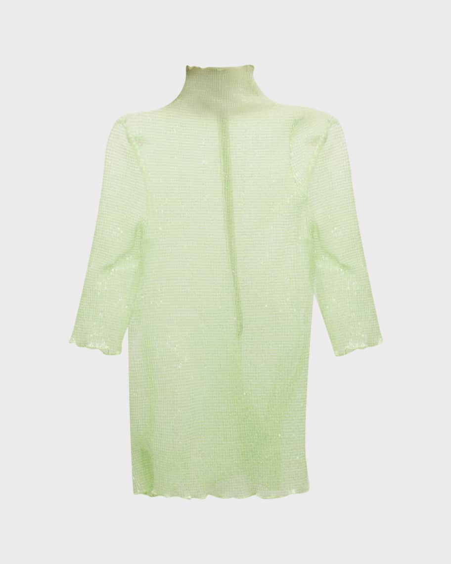 Rosetta Getty Funnel-Neck Short-Sleeve Pleated Sequin Mesh Top