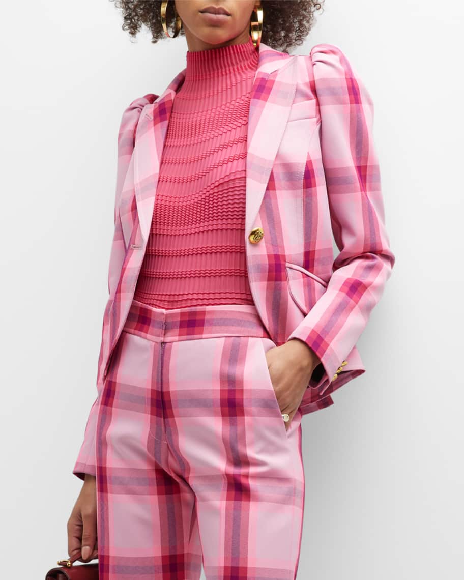 Smythe Pouf Sleeve Plaid One Button Blazer Neiman Marcus