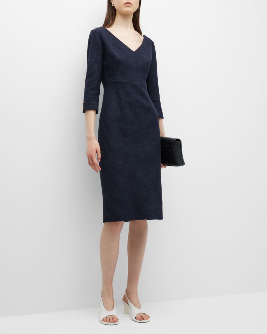 St. John V-Neck 3/4 Sleeve Mouline Tweed Midi Dress | Neiman Marcus