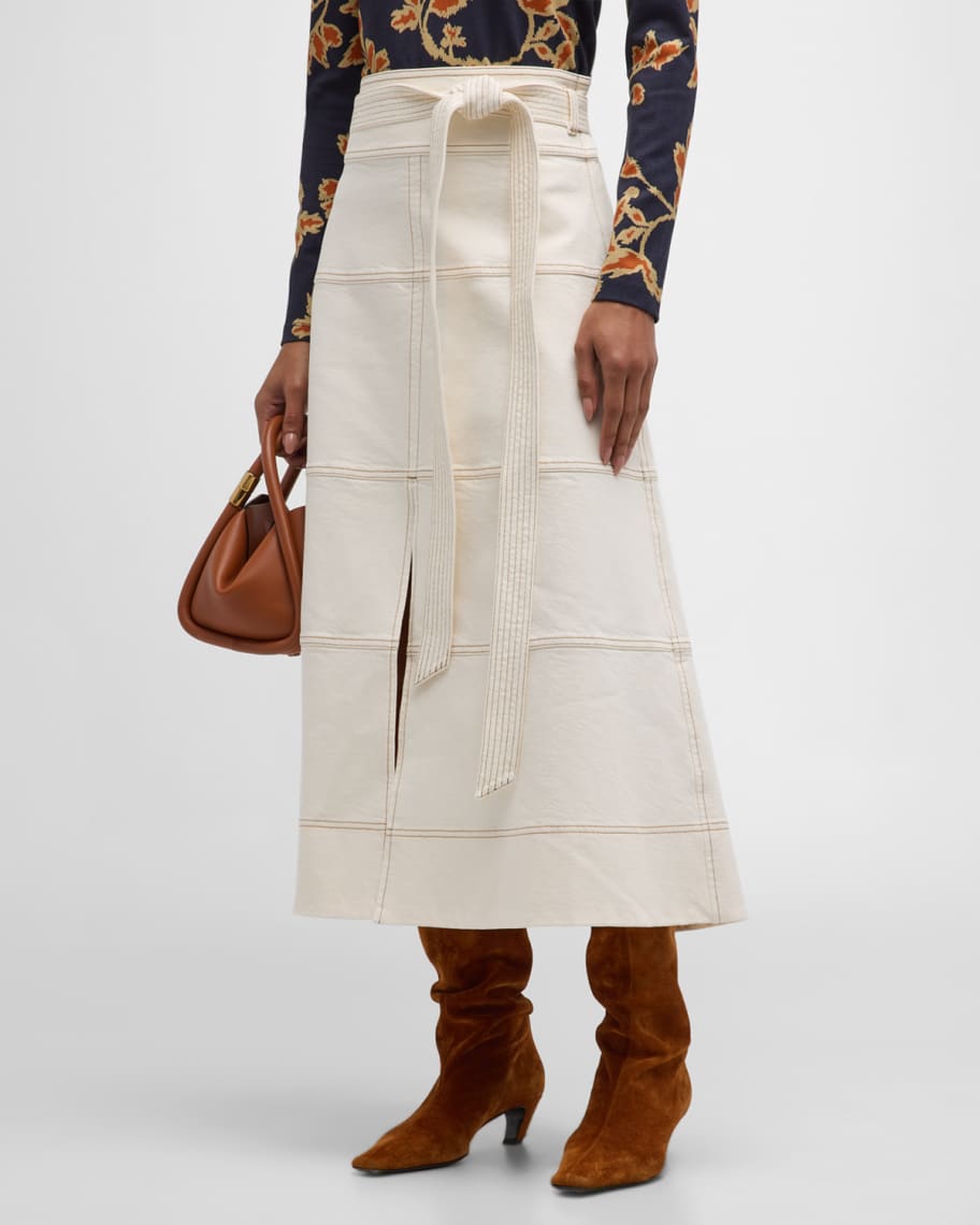 Tanya Taylor Hudson High-Waist Belted Denim Midi Skirt | Neiman Marcus