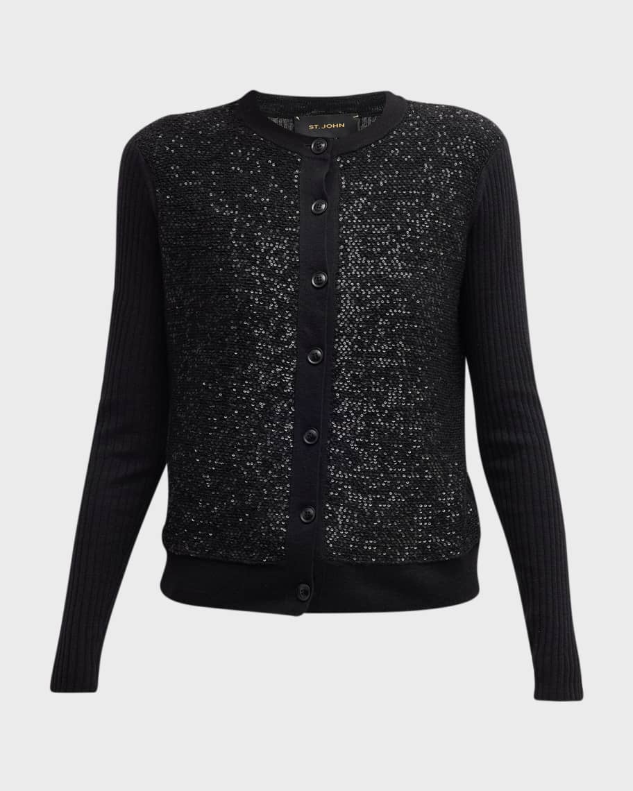 St. John Sequin-Front Wide Rib Knit Cardigan | Neiman Marcus