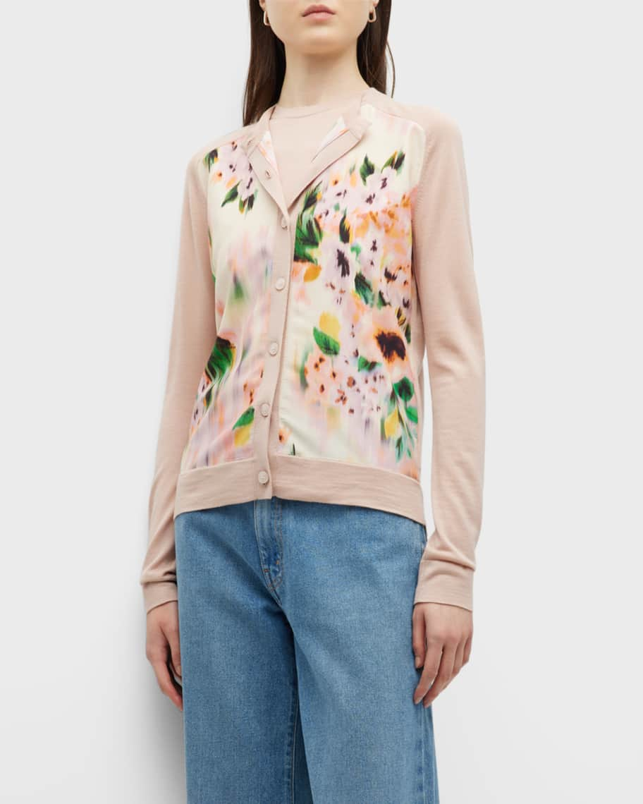 St. John Blurry Floral-Print Crepe De Chine Inset Knit Cardigan