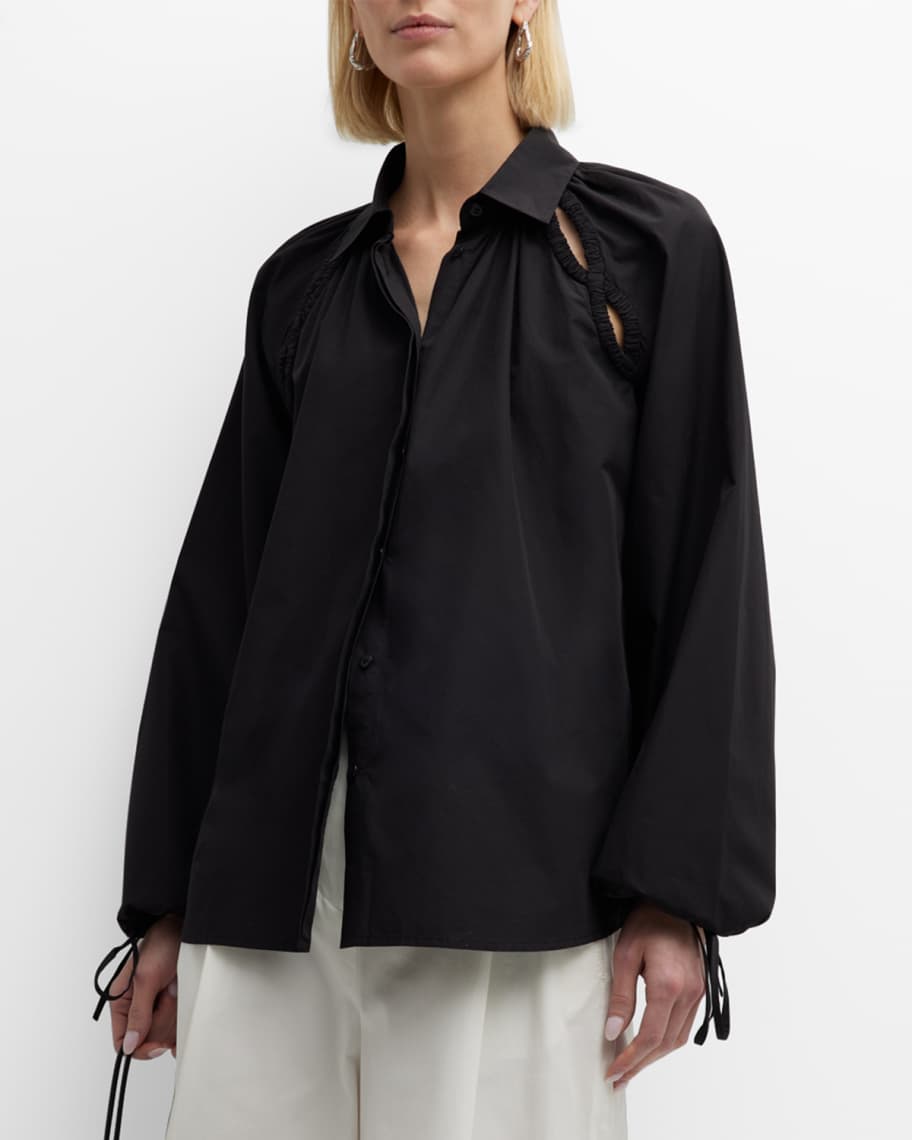 Merlette Tiana Cutout Blouson-Sleeve Poplin Shirt | Neiman Marcus