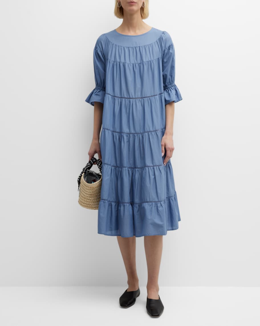 Merlette Paradis Tiered Lace-Inset Midi Dress | Neiman Marcus