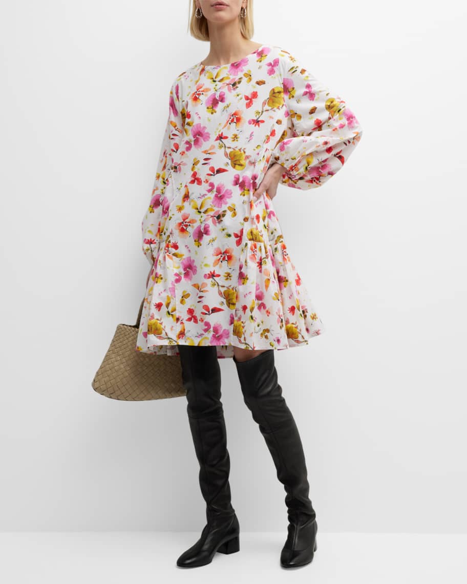 Merlette Byward Floral-Print Flounce Poplin Midi Dress | Neiman Marcus