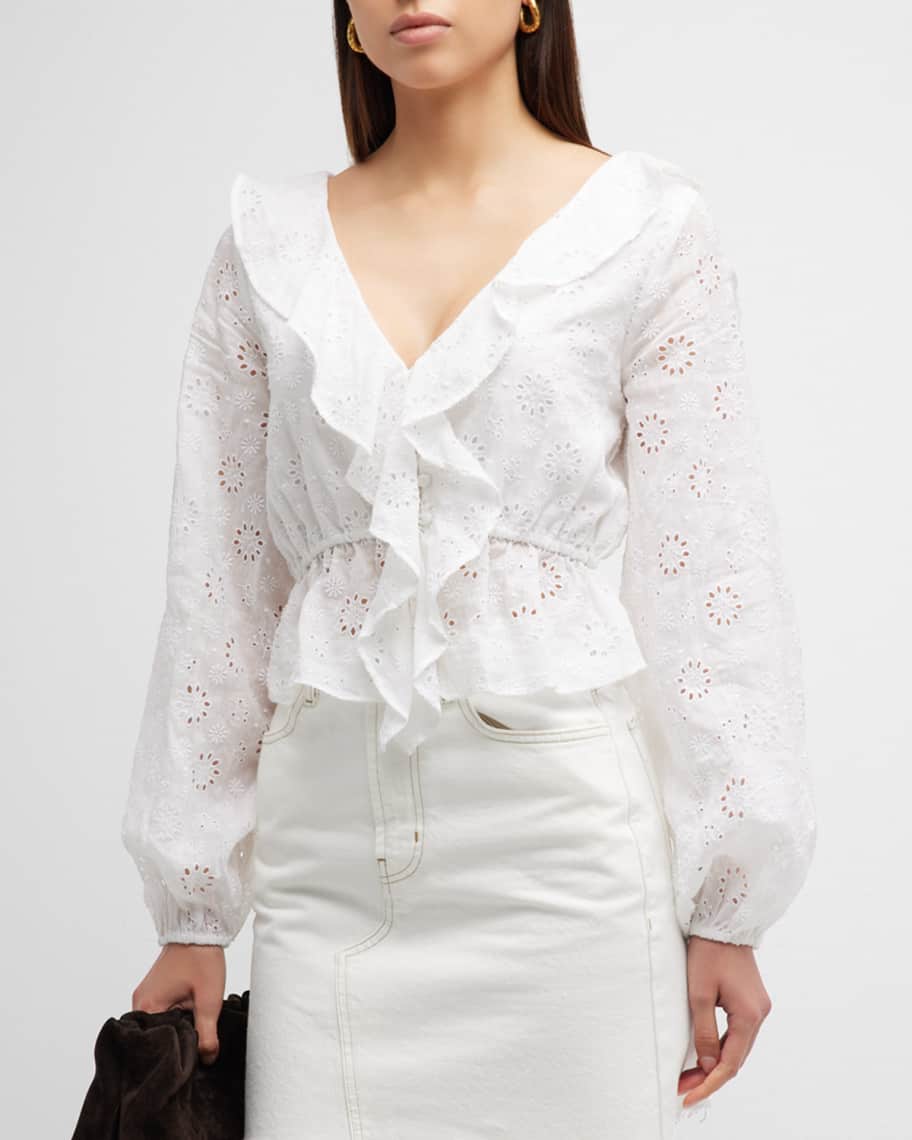 FRAME Ruffle-Front Eyelet Top | Neiman Marcus