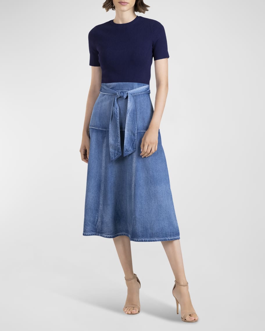 Shoshanna Ashton ShortSleeve Mixed Media Midi Dress Neiman Marcus