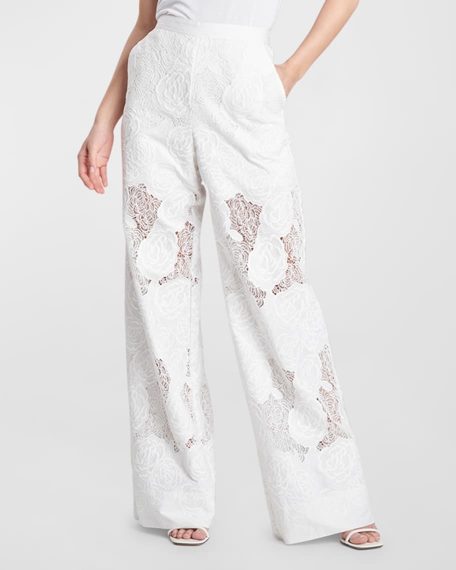 Natori Calado Embroidered Wide-Leg Lace Pants | Neiman Marcus