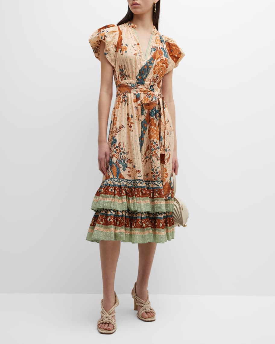 Ulla Johnson Remi Tie-Belt Printed Midi Poplin Dress | Neiman