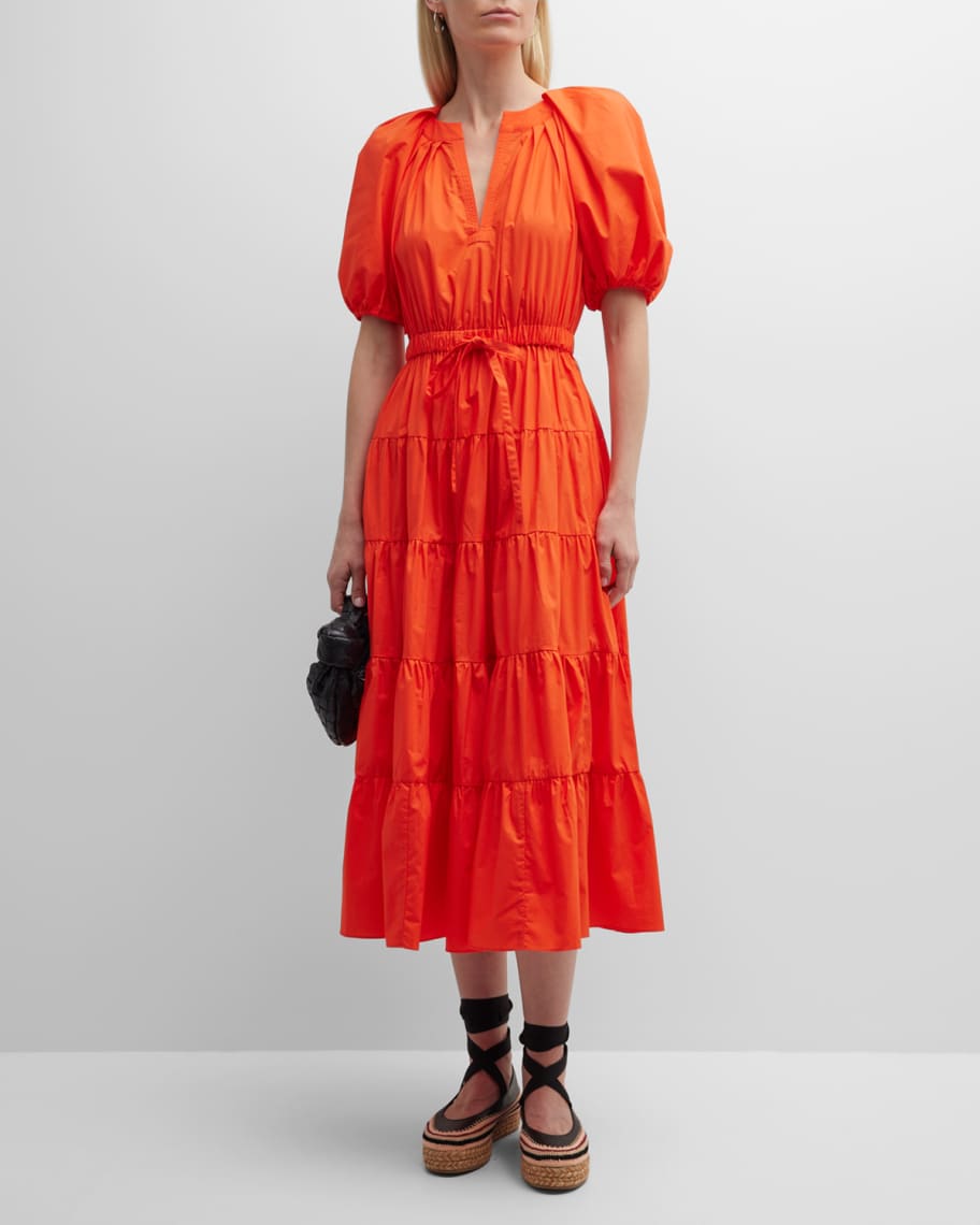Ulla Johnson Olina Tiered Puff-Sleeve Midi Poplin Dress | Neiman Marcus