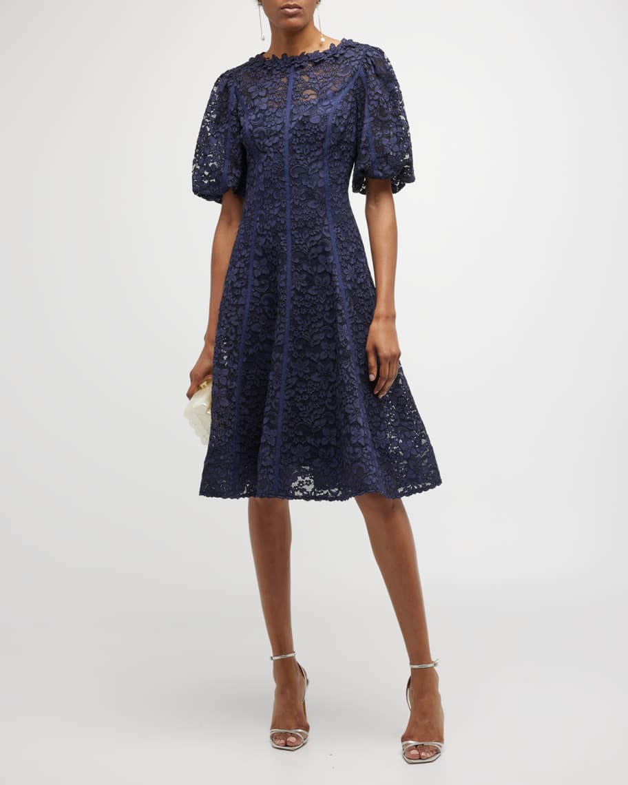 Rickie Freeman for Teri Jon Embroidered Puff-Sleeve Floral Lace