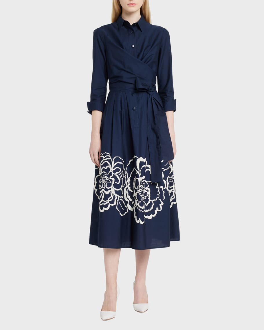 Rickie Freeman for Teri Jon Floral-Print Wrap Cotton Midi Dress