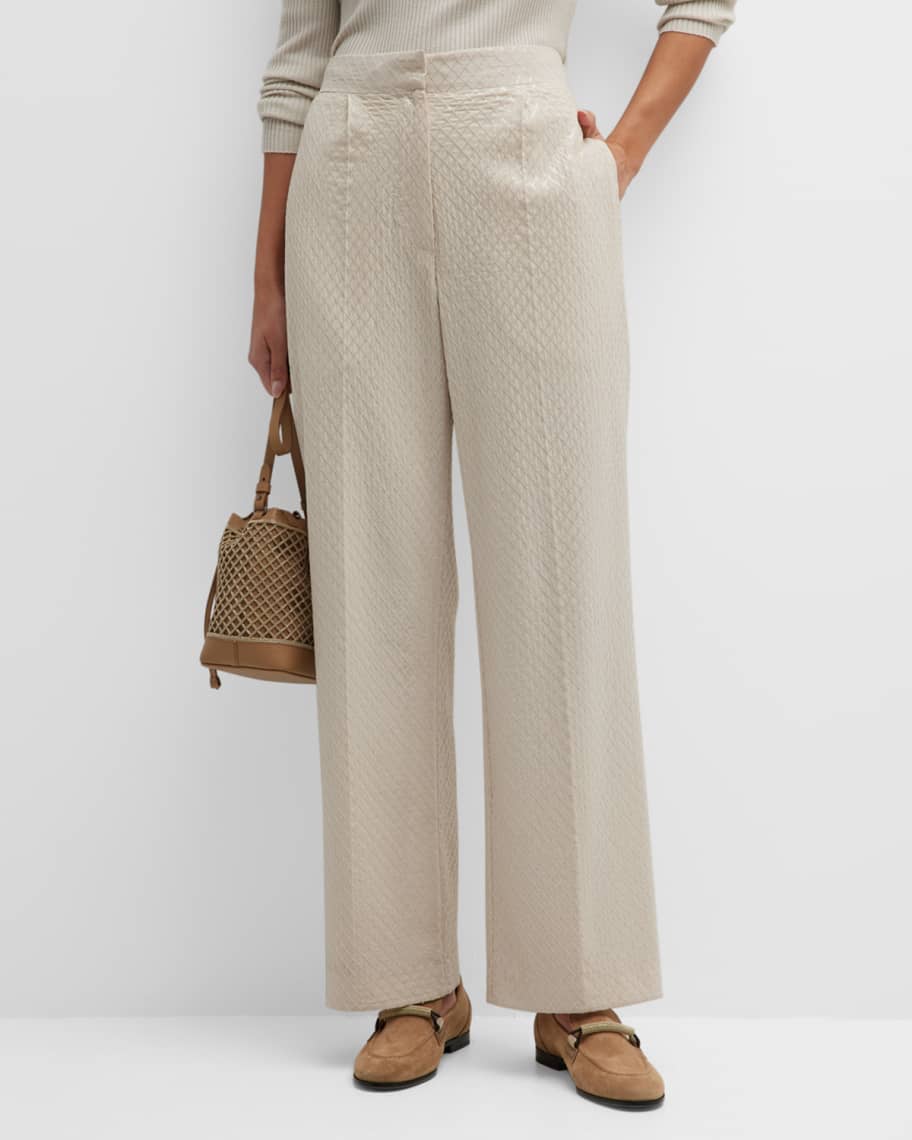 Brunello Cucinelli Windowpane Paillette Embroidered Silk Georgette Straight-Leg Trousers