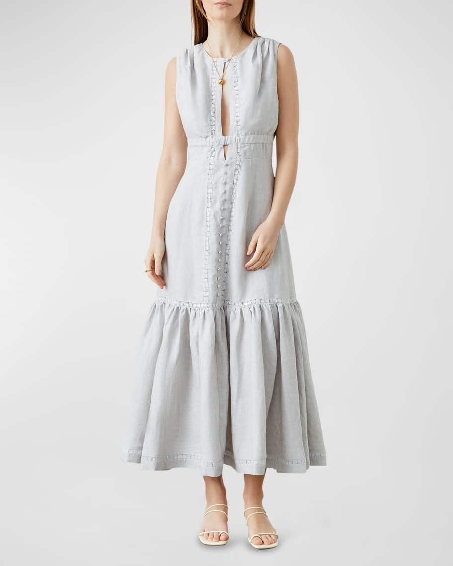 JOSLIN Magdelen Lace-Inset Linen Midi Dress | Neiman Marcus