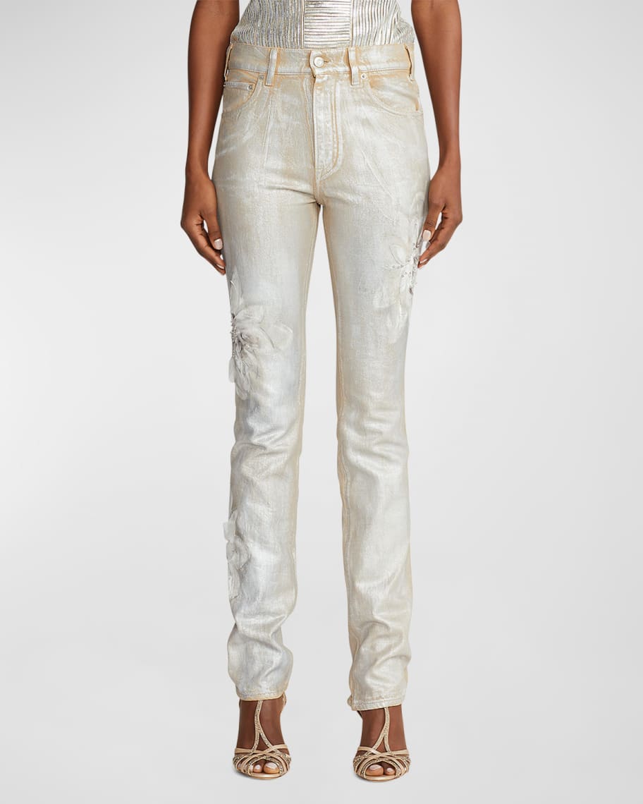Ralph Lauren Collection 160 SkinnyLeg Floral Embellished Metallic Denim Jeans Neiman Marcus