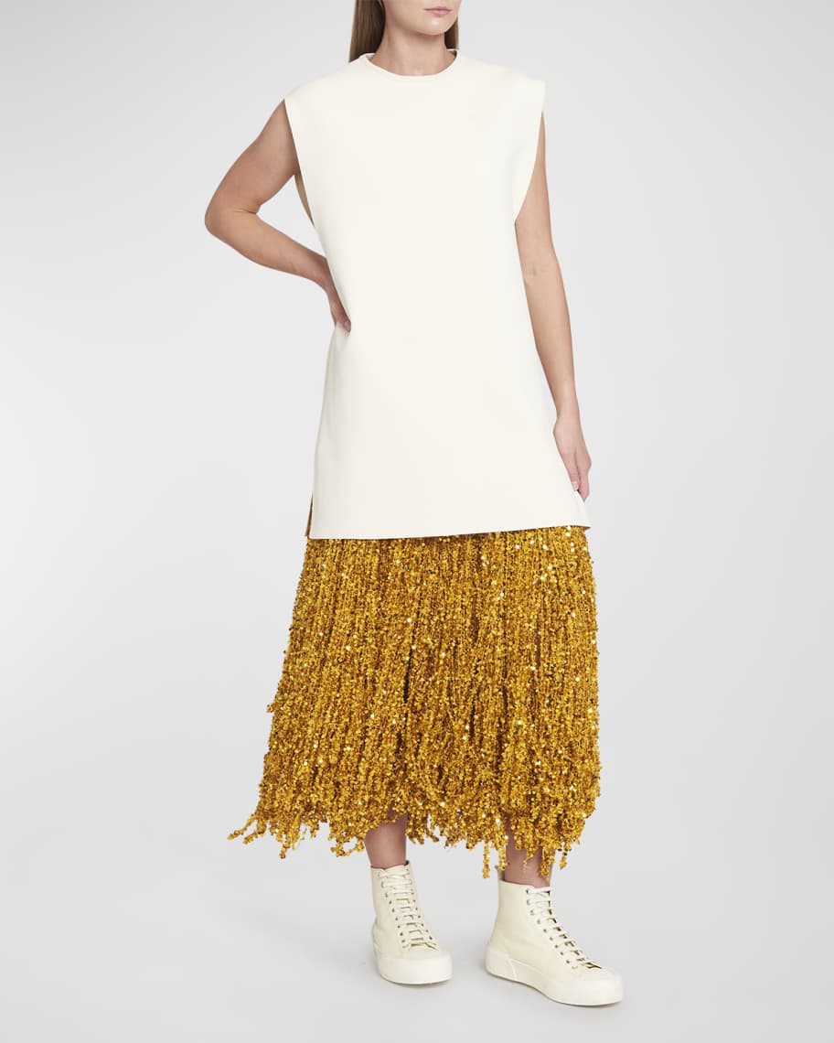 Jil Sander Fringe-Hem Sleeveless Layered Midi Dress | Neiman