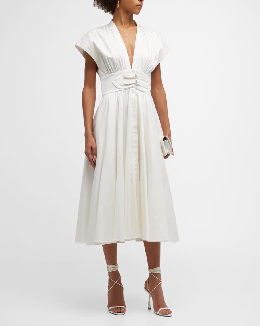 Alexis Jaden Buckle-Waist Pleated Midi Dress | Neiman Marcus