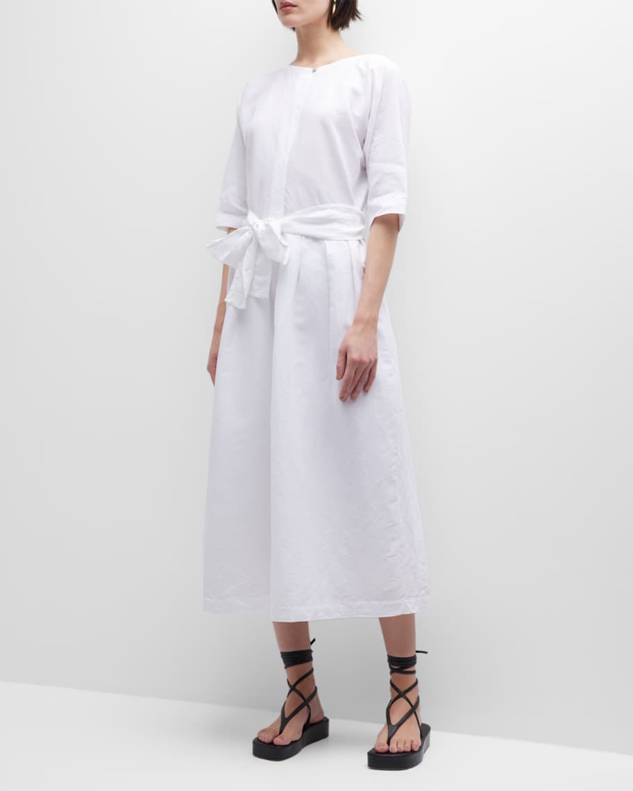 Vince Boat-Neck Belted Linen-Cotton Midi Dress Neiman Marcus