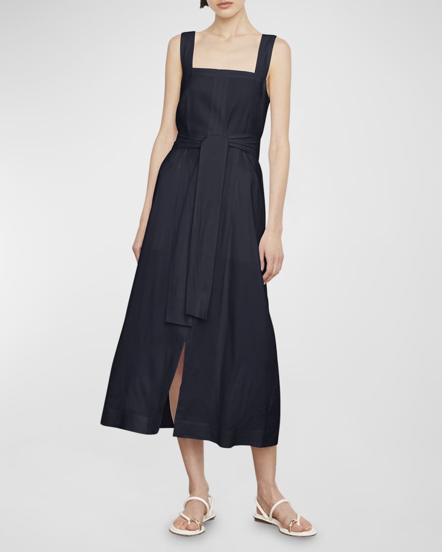 Vince Wide-Strap Belted Square-Neck Midi Dress | Neiman Marcus