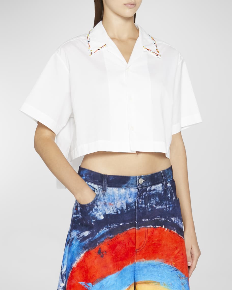 Marni Cropped Bowling Shirt with Beaded Collar Detail Neiman Marcus