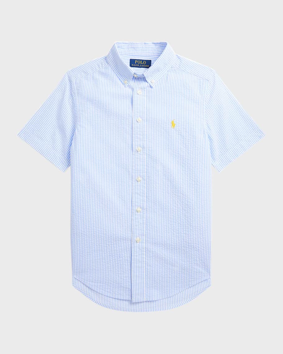 Image 1 of 2: Boy's Striped Seersucker Short-Sleeve Shirt, Size S-XL