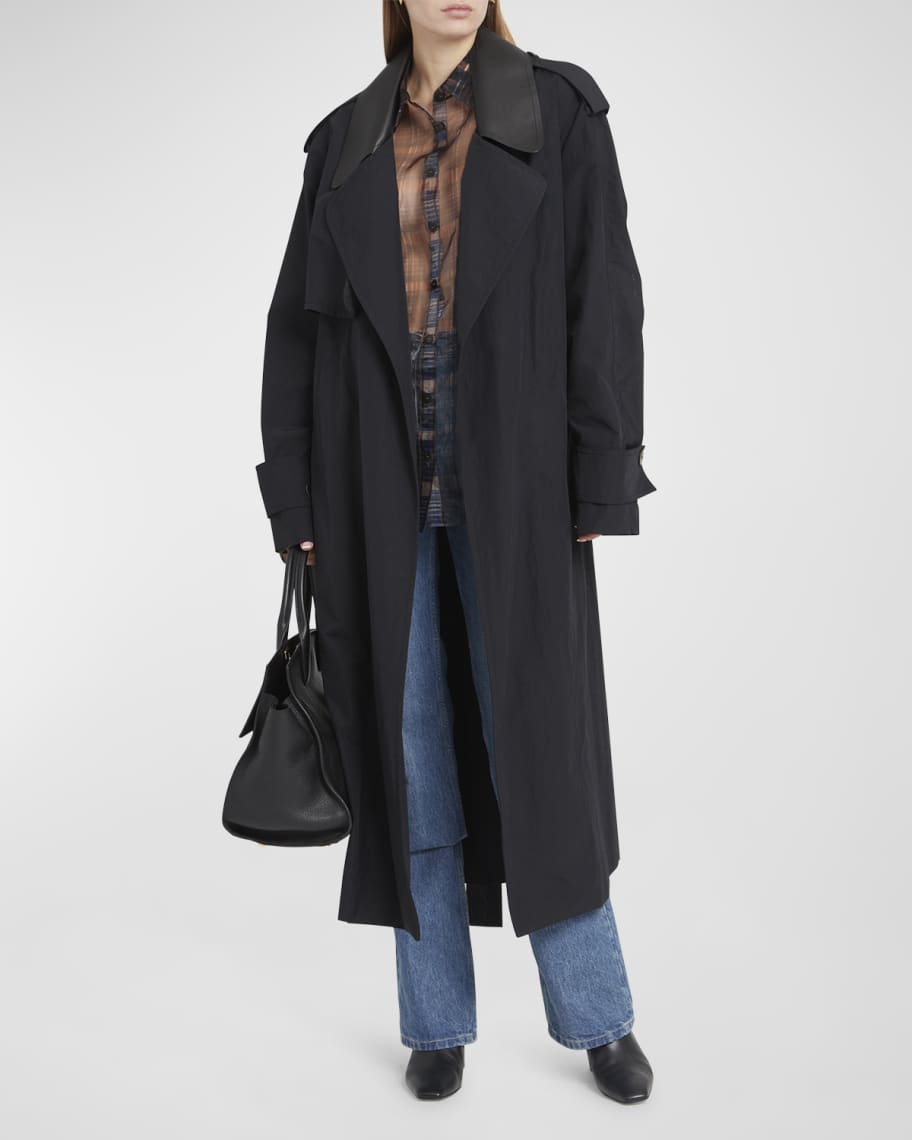 Ferragamo Tech Faille Trench Coat with Leather Collar | Neiman Marcus