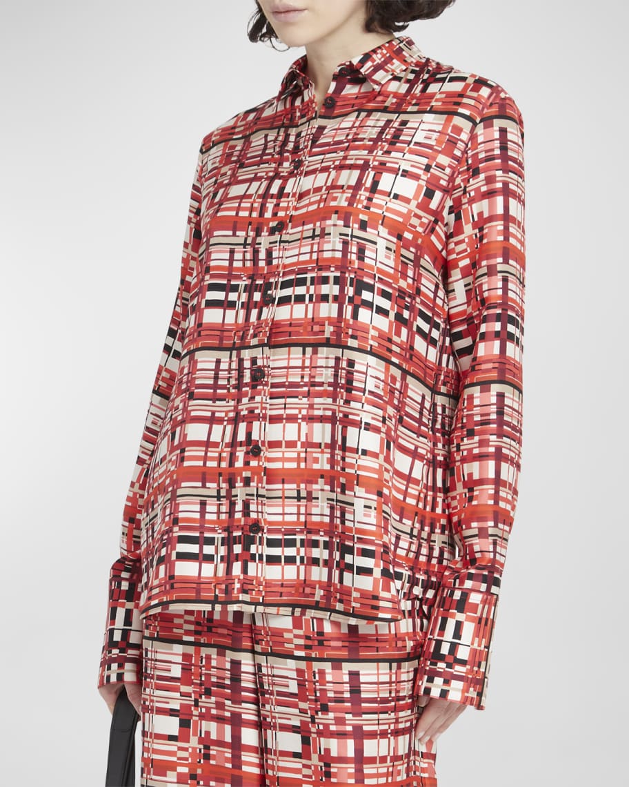 Ferragamo Abstract Check-Print Silk Twill Collared Top | Neiman Marcus