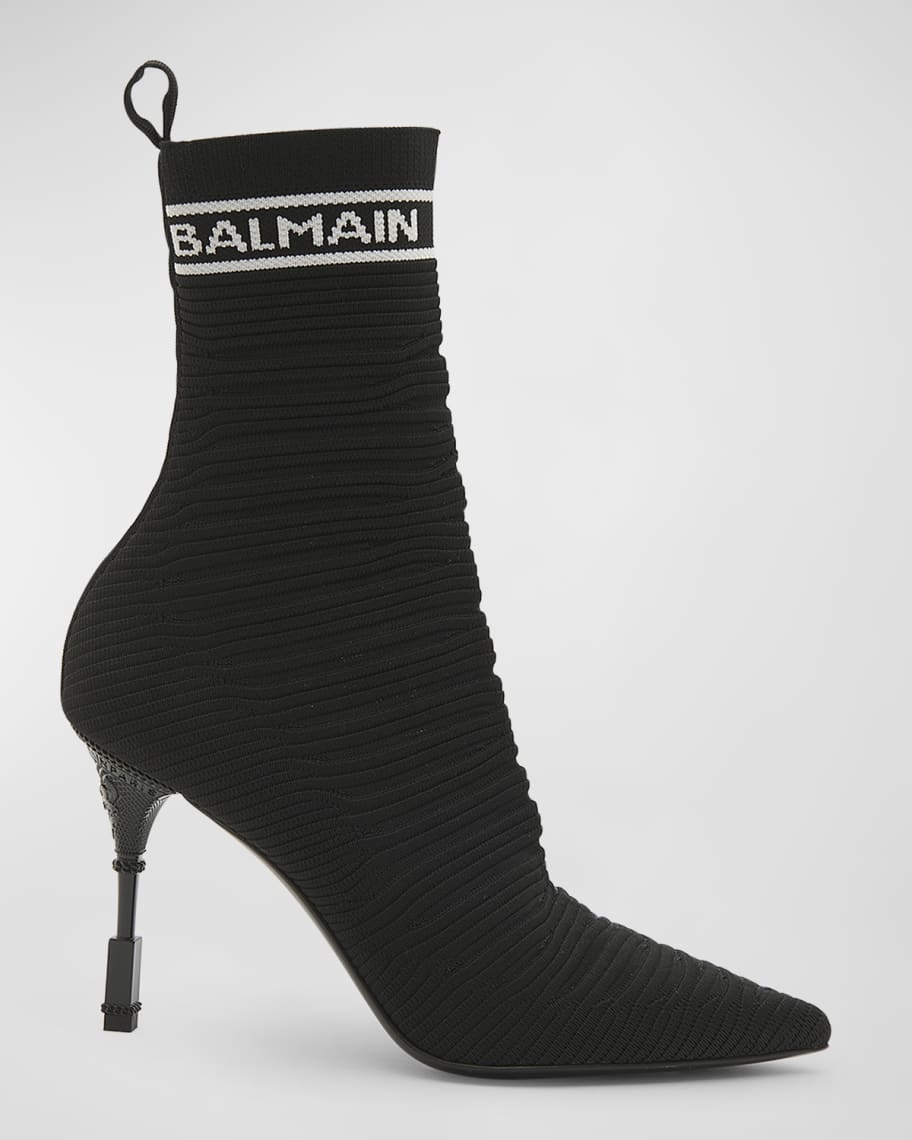Balmain Moneta Knit Logo Stiletto Booties | Neiman Marcus