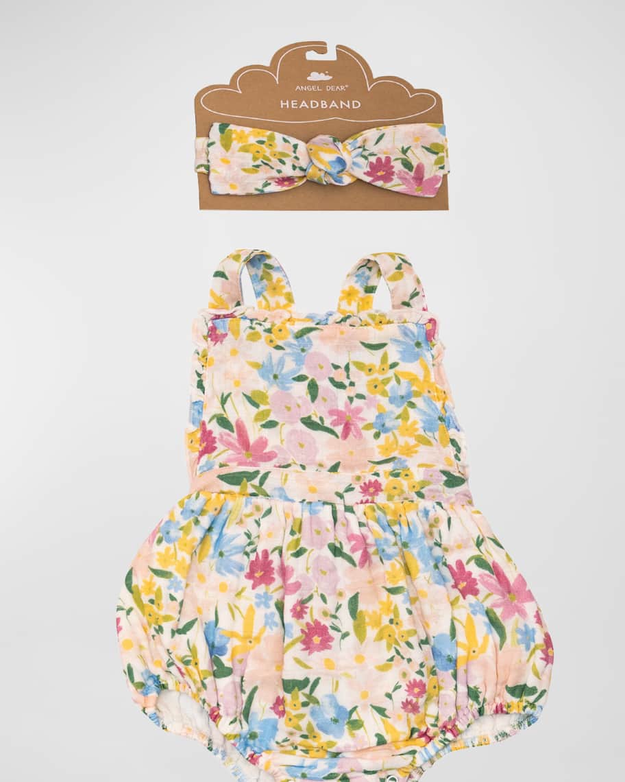 Angel Dear Girl's Muslin FloralPrint Bubble Romper W/ Headband, Size