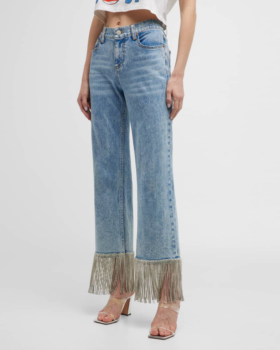 Alice + Olivia Amazing Embellished Fringe Grey Denim Boyfriend