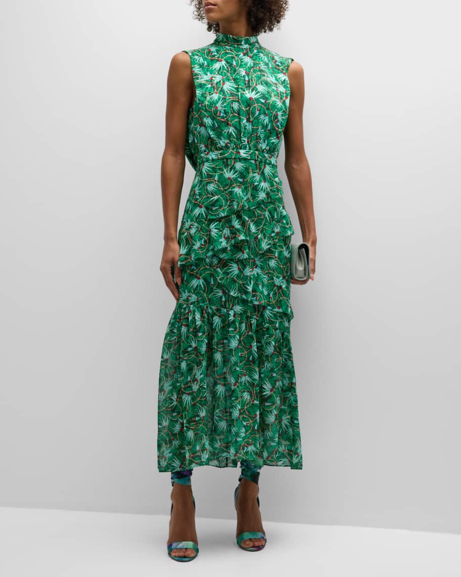 Saloni Fleur Silk Sleeveless Tiered-Ruffle Midi Dress | Neiman Marcus