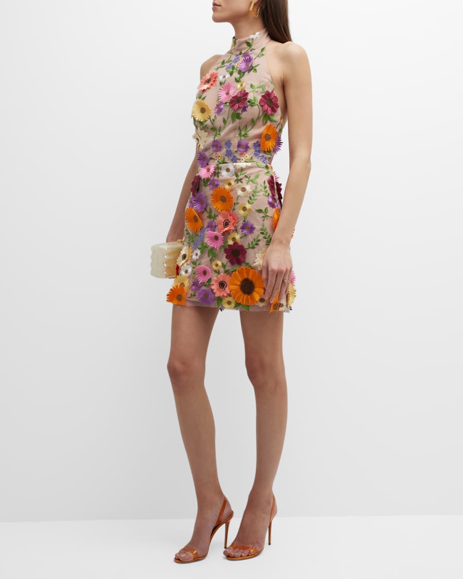 Milly Hariet 3D Floral Embroidered Halter Mini Dress | Neiman Marcus