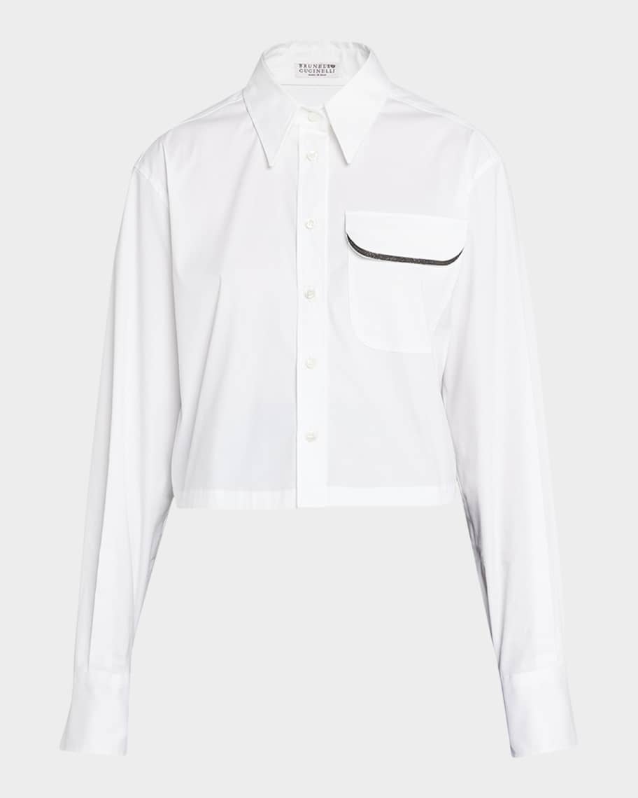 BRUNELLO CUCINELLI モニーレ装飾 トップス ブラウス 切替 S Brunello Cucinelli Monili-Trim Crop Cotton Poplin Collared Shirt