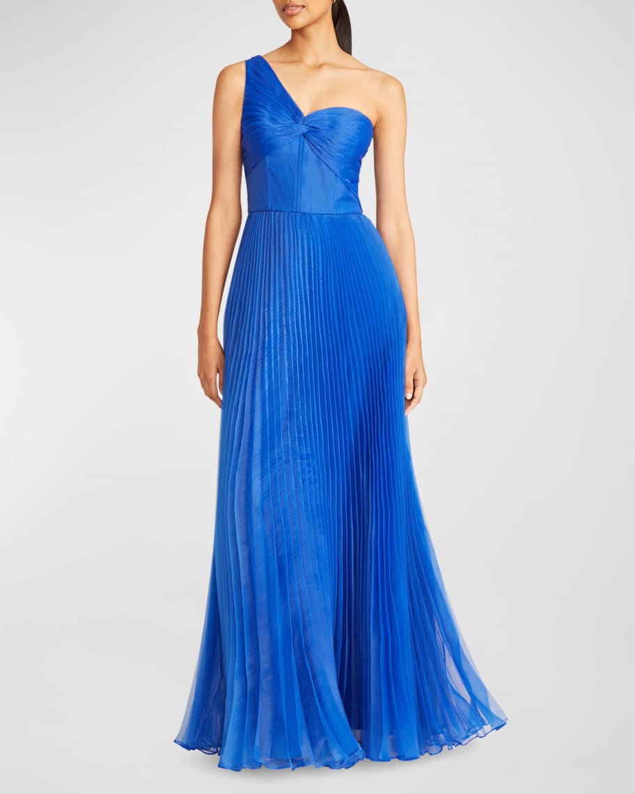 Theia Mahlia Pleated One-Shoulder A-Line Gown | Neiman Marcus