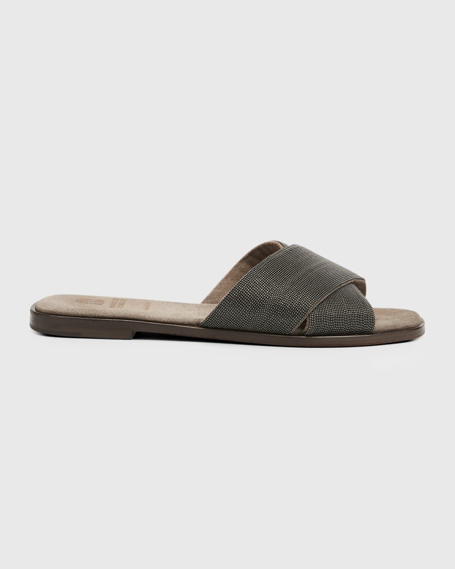 Brunello Cucinelli Monili Crisscross Flat Slide Sandals | Neiman Marcus