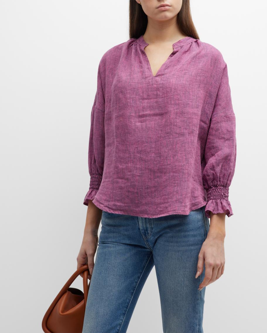 Finley Rex Heathered Blouson-Sleeve Linen Popover | Neiman Marcus