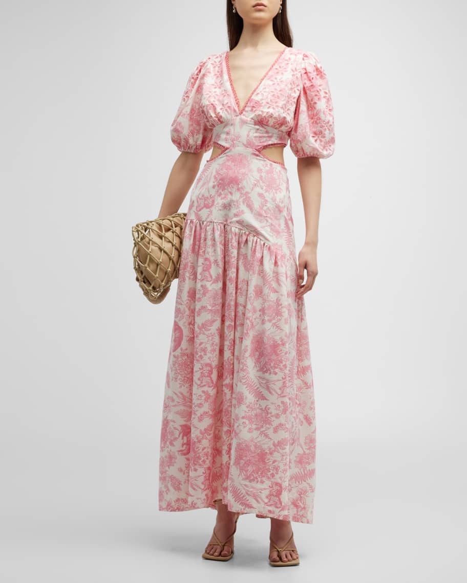 LALIBELA Provence Embroidered Puff-Sleeve Tie-Back Maxi Dress | Neiman