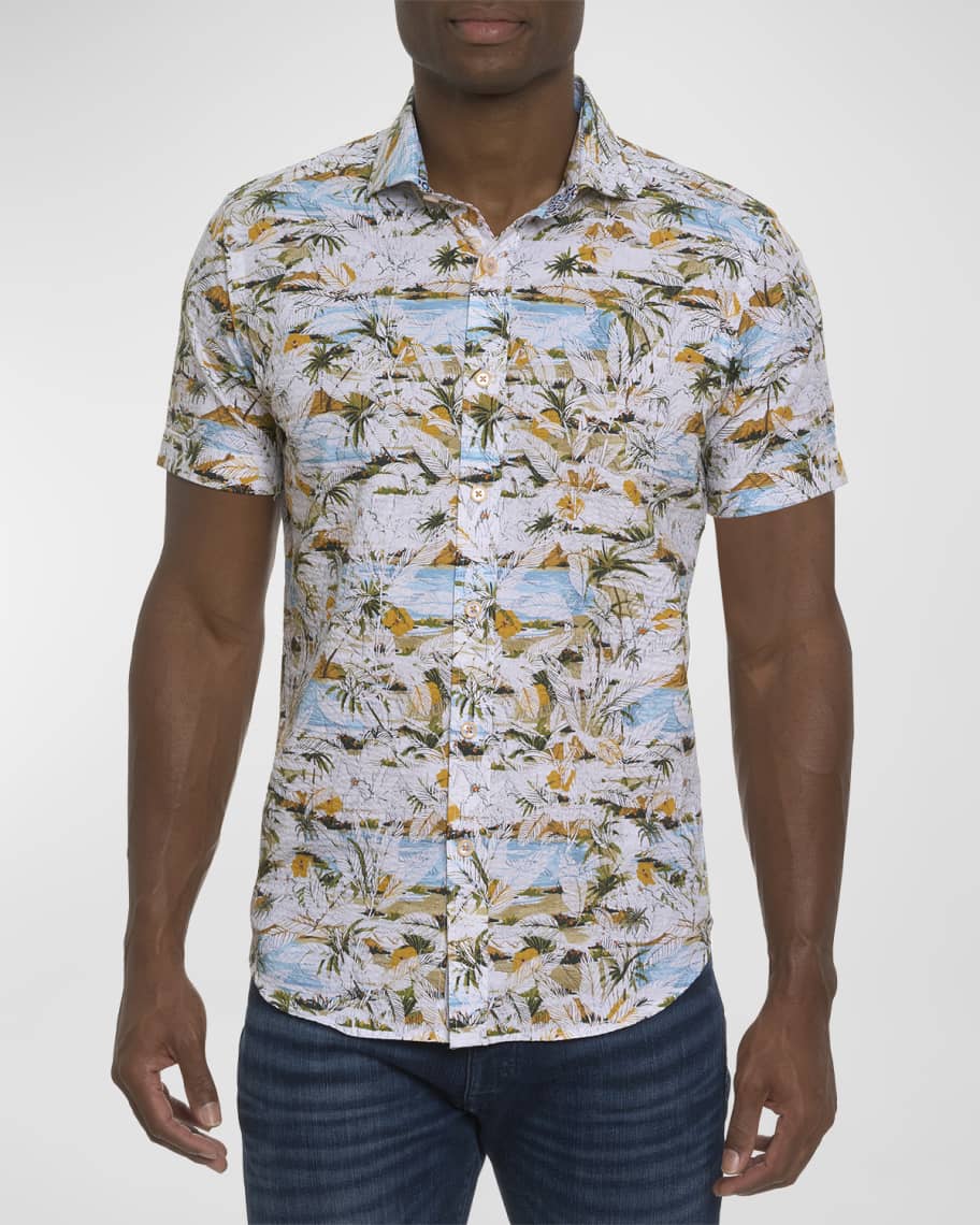 Jared Lang Bird Print Short Sleeve Button-Up Shirt in Brown