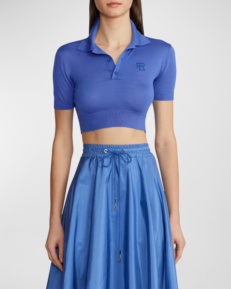 Ralph Lauren Collection Monogram Polo Crop Silk Sweater, Blue | Neiman  Marcus